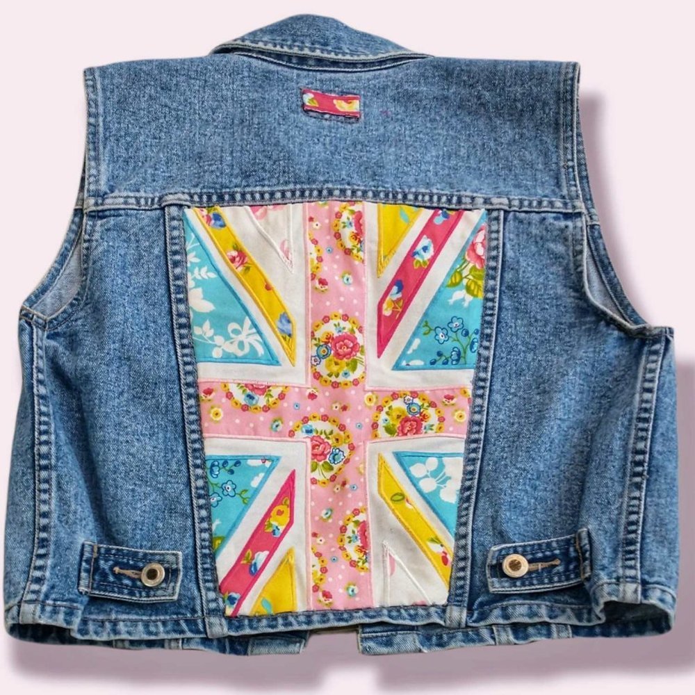 Patchwork Denim Vest with Mix Print Applique
